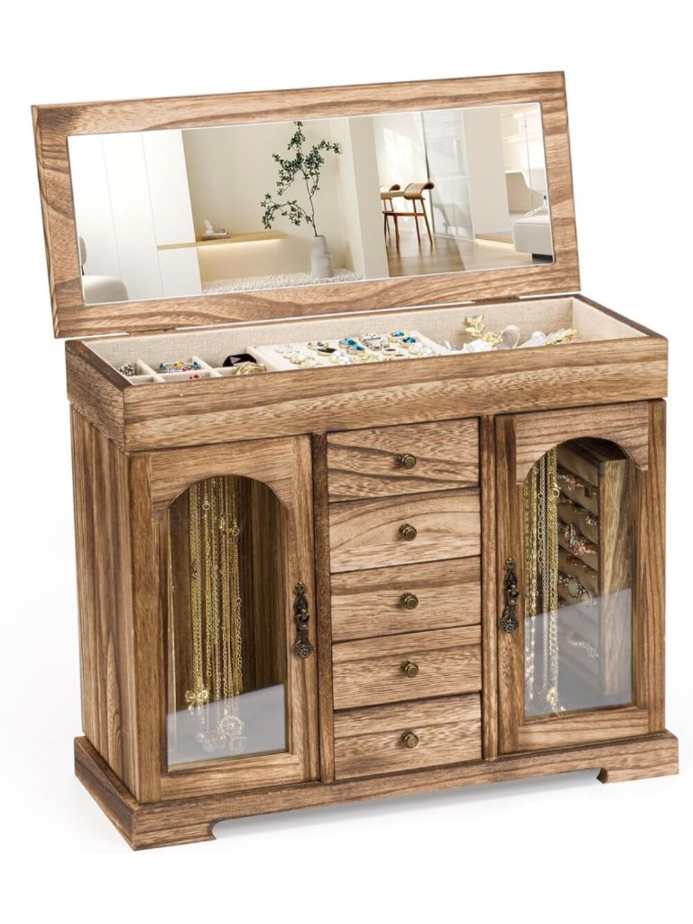 Rustic Wooden Jewelry Organizer Box with Mirror - 5 Layer Storage for Necklaces